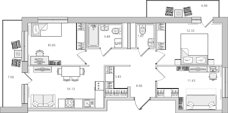 3-комнатная квартира, 53.13 м² - планировка, фото №1