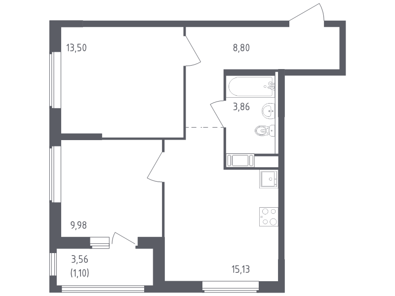 3-комнатная (Евро) квартира, 52.37 м² в ЖК "Южная Нева" - планировка, фото №1