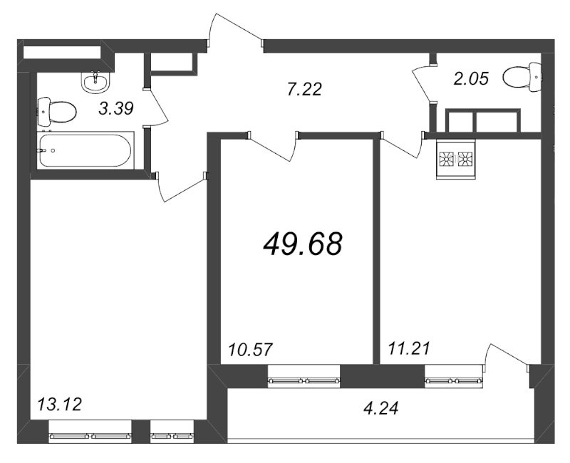2-комнатная квартира, 49.68 м² - планировка, фото №1