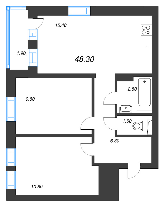 3-комнатная (Евро) квартира, 47 м² в ЖК "Эко Квартал Нега" - планировка, фото №1
