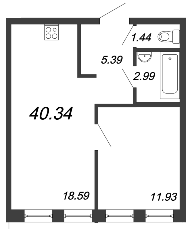 2-комнатная (Евро) квартира, 40.34 м² в ЖК "Волковский" - планировка, фото №1
