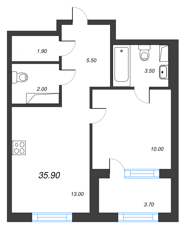 1-комнатная квартира, 35.9 м² - планировка, фото №1