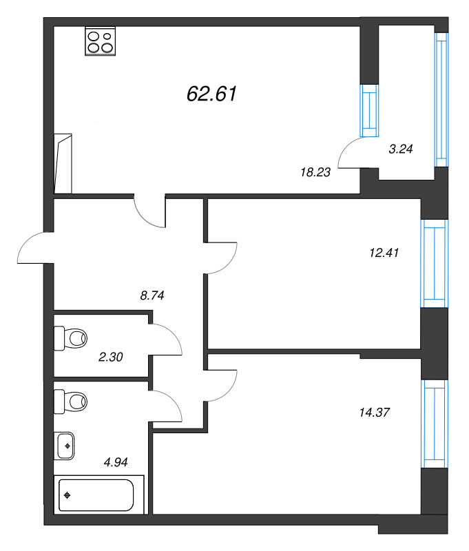 3-комнатная (Евро) квартира, 62.61 м² - планировка, фото №1