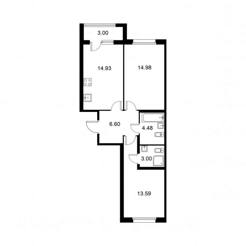 2-комнатная квартира, 59.08 м² в ЖК "Квартал Заречье" - планировка, фото №1