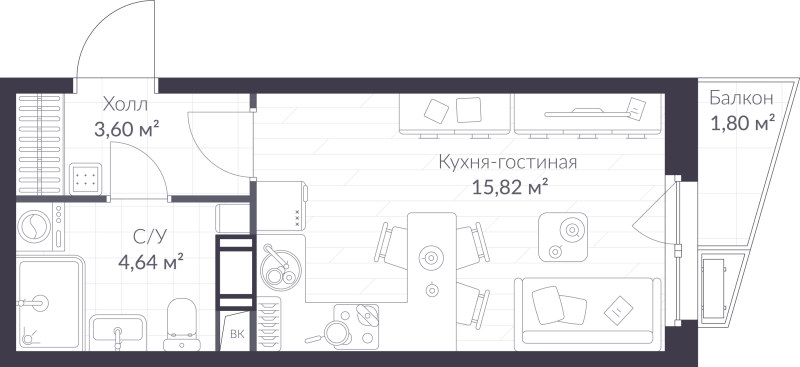 Квартира-студия, 24.6 м² в ЖК "VEREN NORT сертолово" - планировка, фото №1