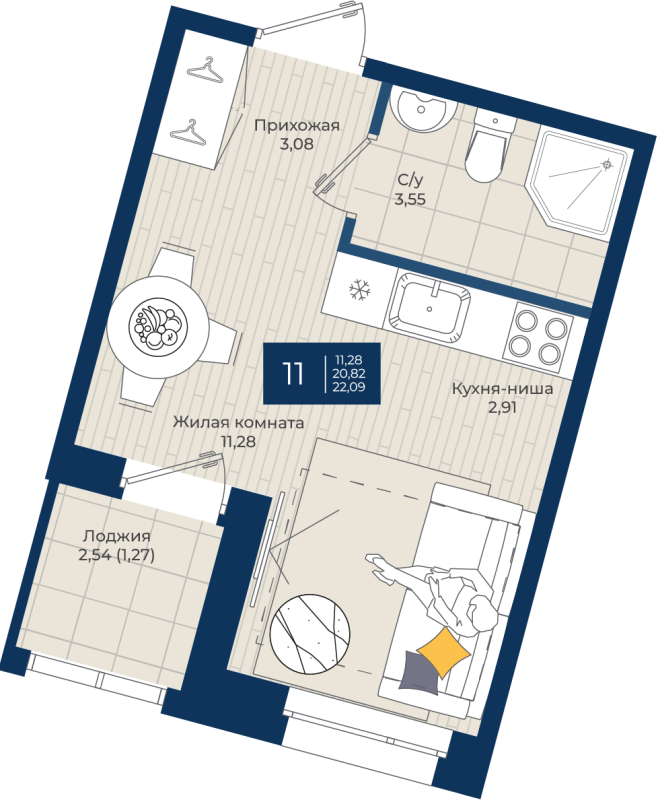 Квартира-студия, 22.09 м² в ЖК "Новатория" - планировка, фото №1