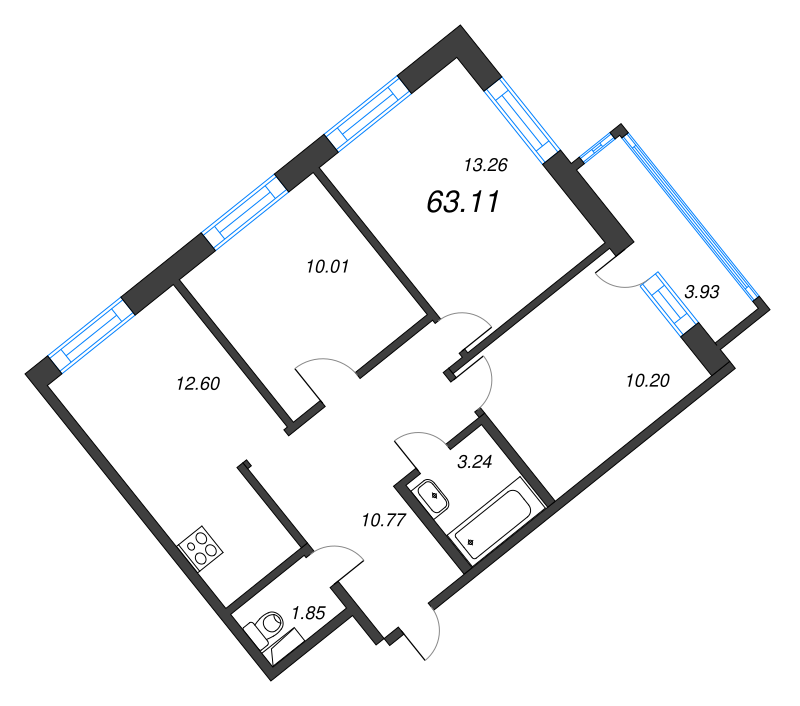 3-комнатная квартира, 63.11 м² - планировка, фото №1