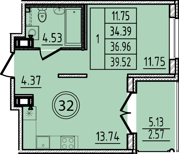 1-комнатная квартира, 34.39 м² в ЖК "Образцовый квартал 14" - планировка, фото №1