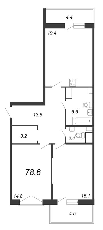 2-комнатная квартира, 80.4 м² - планировка, фото №1