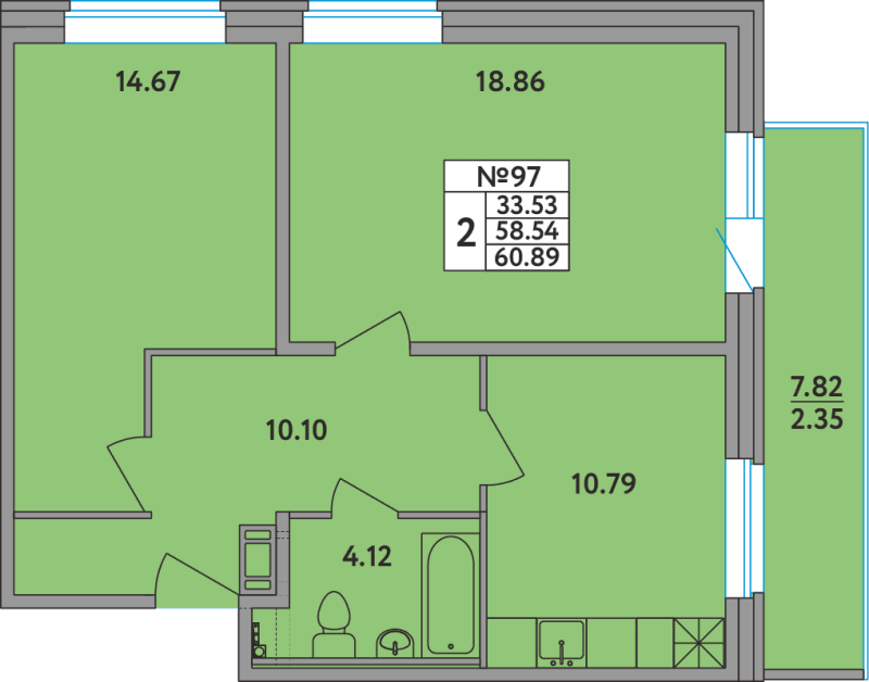 2-комнатная квартира, 60.5 м² - планировка, фото №1