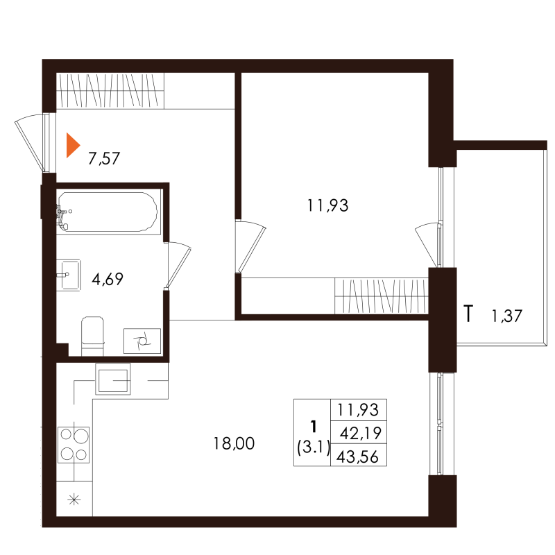 2-комнатная (Евро) квартира, 43.56 м² в ЖК "Лисино" - планировка, фото №1