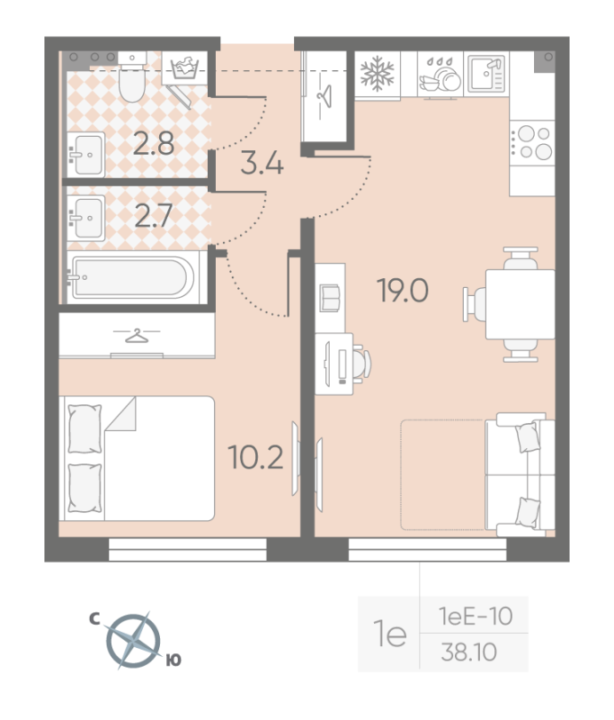 2-комнатная (Евро) квартира, 38.1 м² в ЖК "Пулково Lake" - планировка, фото №1