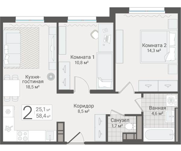 3-комнатная (Евро) квартира, 58.4 м² в ЖК "Руднева 15" - планировка, фото №1