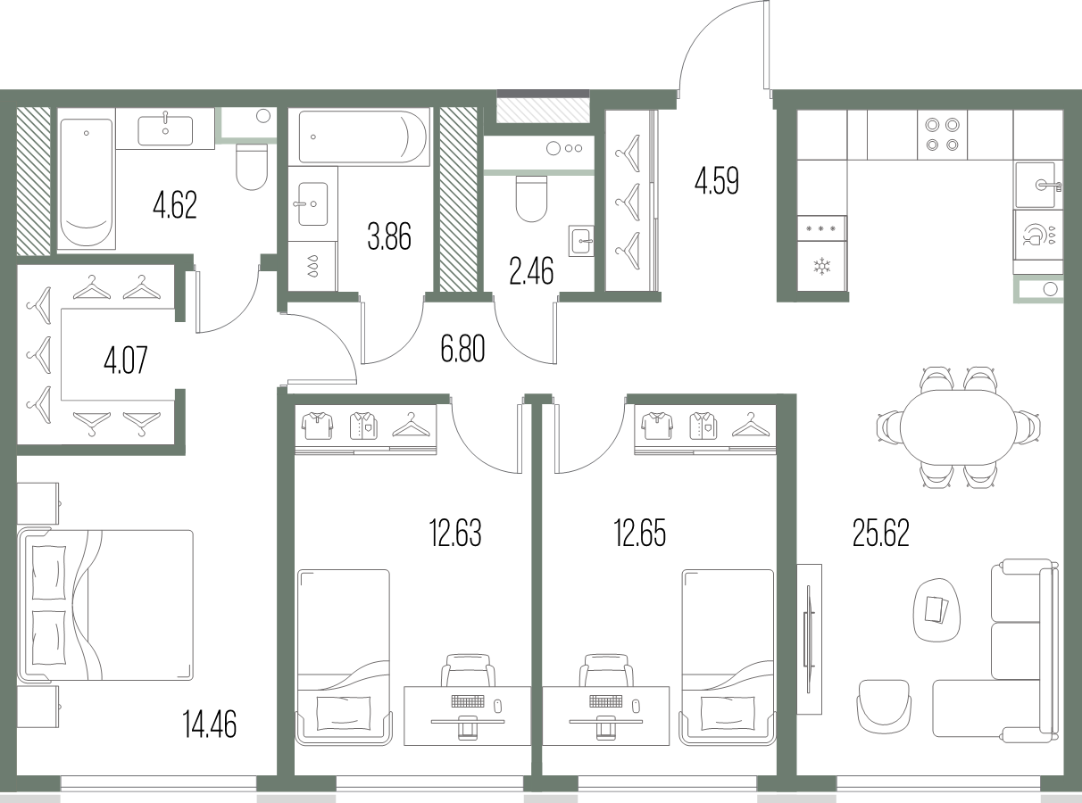 4-комнатная (Евро) квартира, 91.76 м² в ЖК "Легенда у моря" - планировка, фото №1