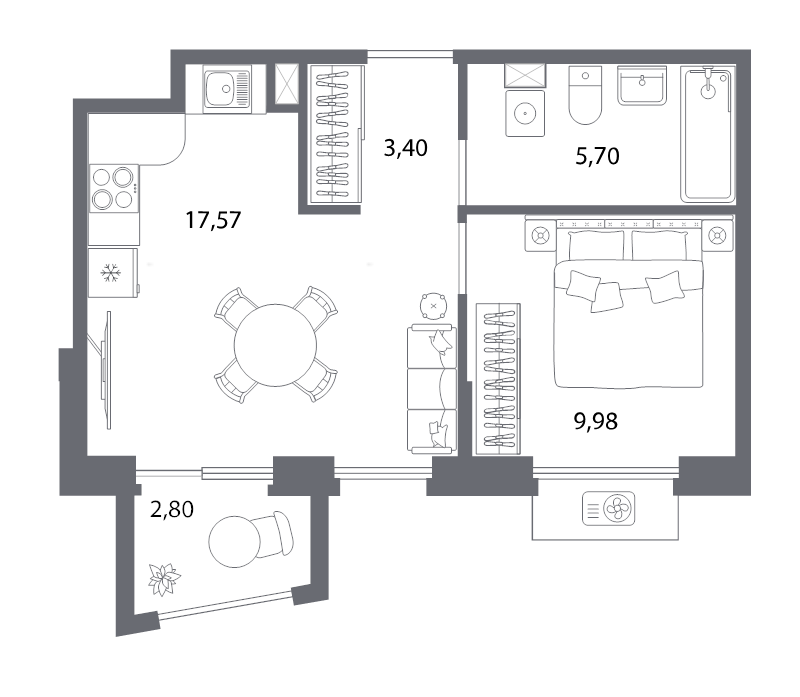 2-комнатная (Евро) квартира, 40.9 м² в ЖК "Респект" - планировка, фото №1