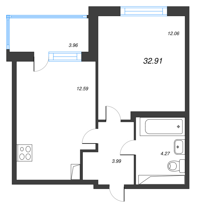 1-комнатная квартира, 32.91 м² - планировка, фото №1