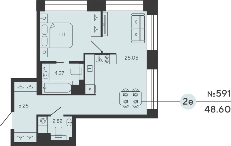 2-комнатная (Евро) квартира, 48.6 м² - планировка, фото №1