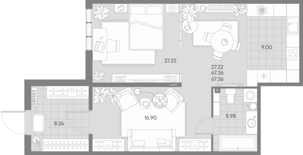 2-комнатная (Евро) квартира, 67.36 м² в ЖК "Amo" - планировка, фото №1