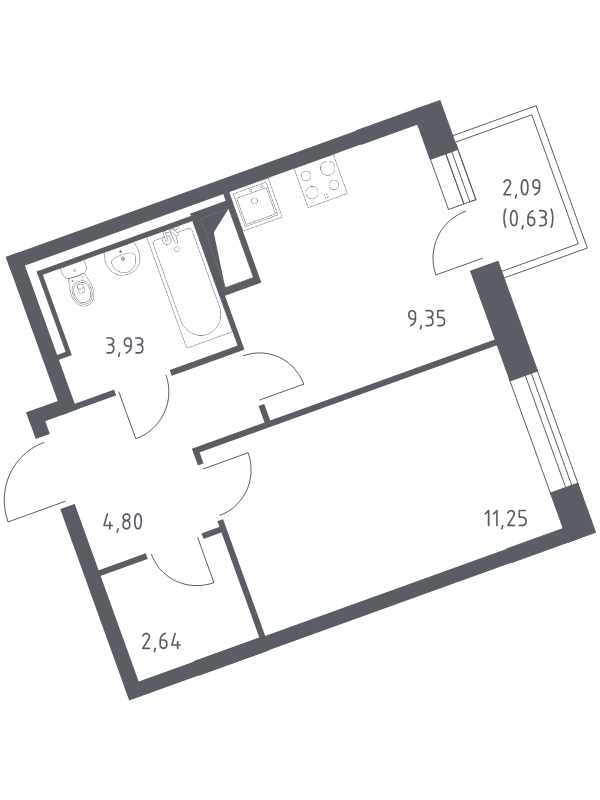 1-комнатная квартира, 32.6 м² в ЖК "Квартал Лаголово" - планировка, фото №1