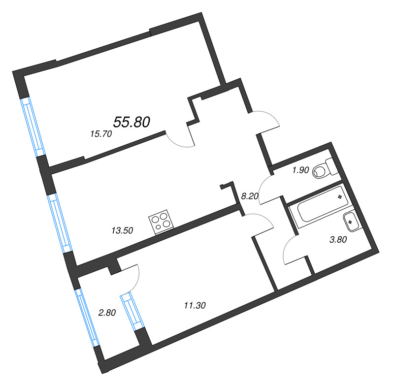 2-комнатная квартира, 55.8 м² в ЖК "Ягодное Река Парк" - планировка, фото №1