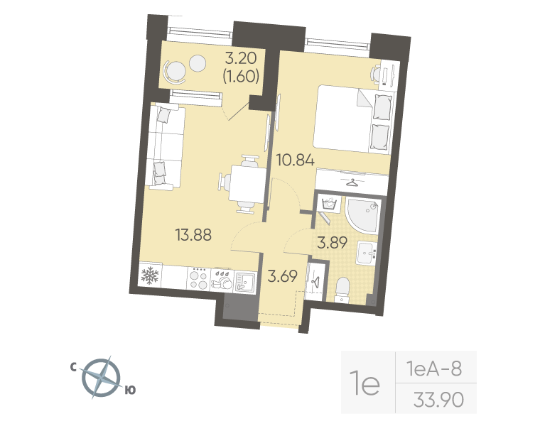 1-комнатная квартира, 33.9 м² в ЖК "Бульвар Грина" - планировка, фото №1