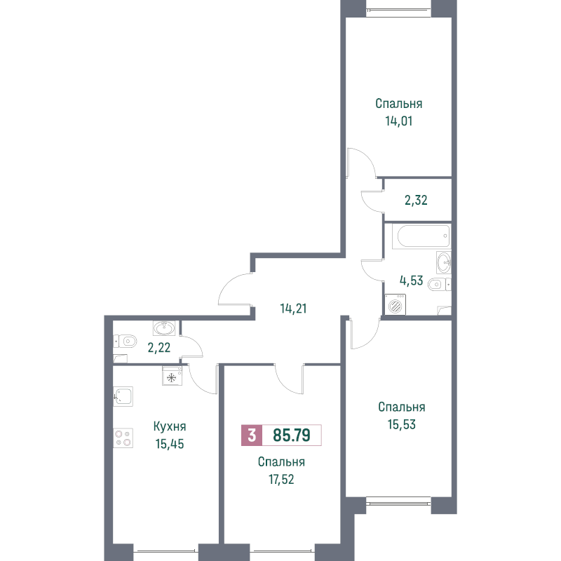 4-комнатная (Евро) квартира, 86.1 м² в ЖК "Фотограф" - планировка, фото №1