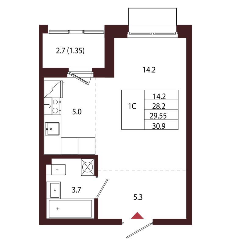 Квартира-студия, 29.55 м² в ЖК "Лисино" - планировка, фото №1