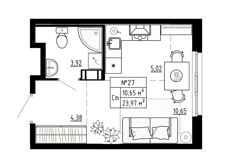 Квартира-студия, 23.97 м² - планировка, фото №1