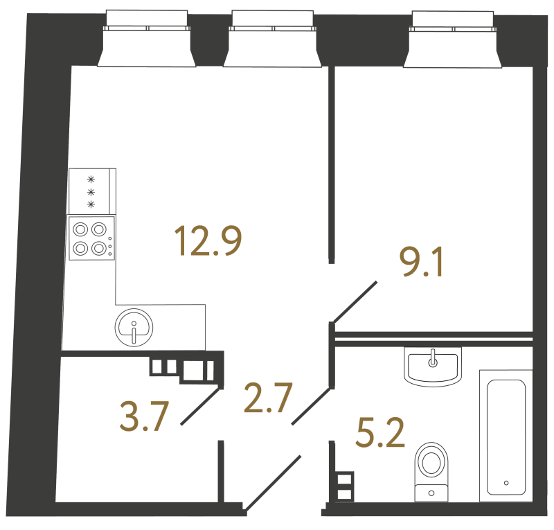 1-комнатная квартира, 33.6 м² в ЖК "Светоч" - планировка, фото №1