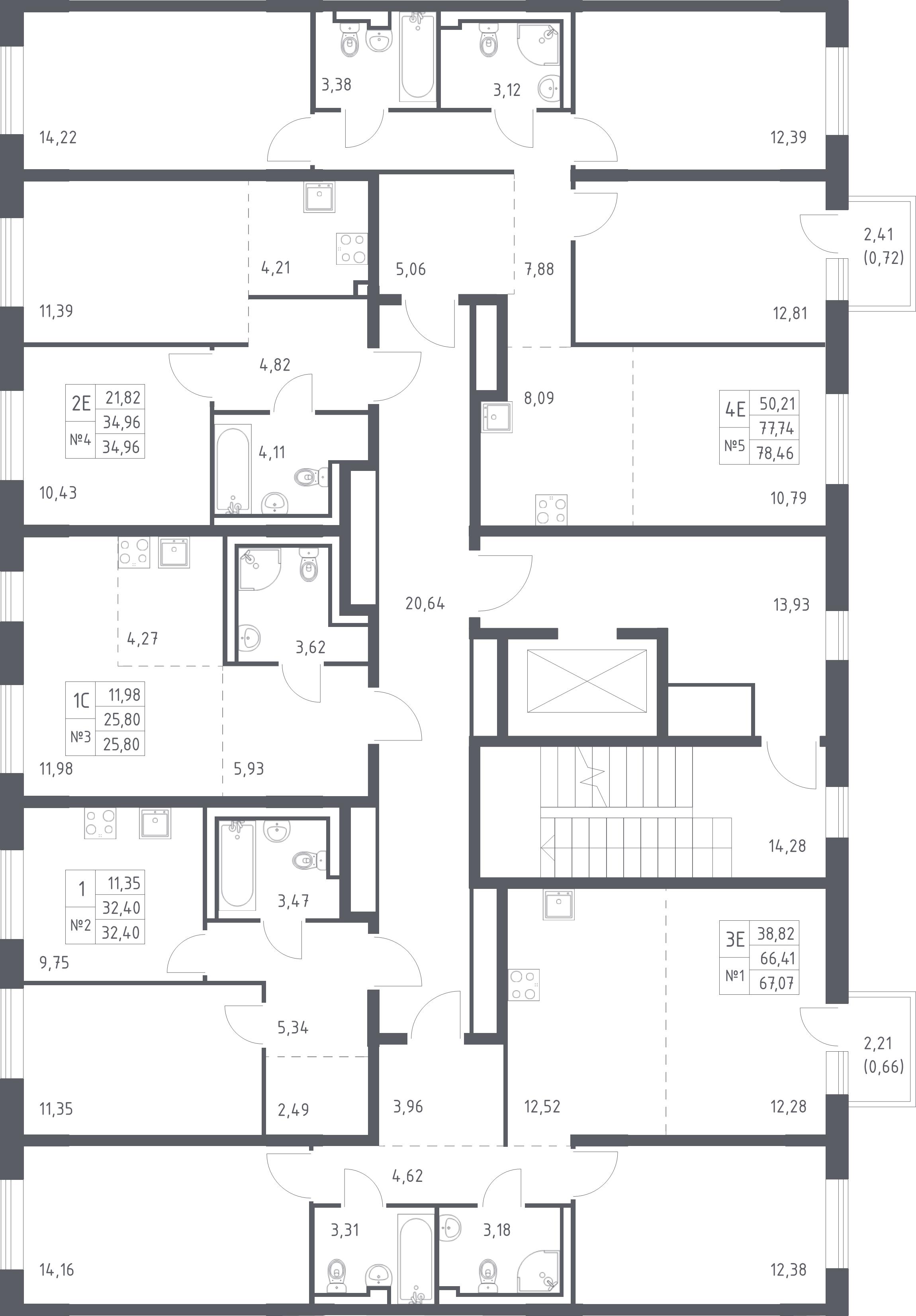 3-комнатная (Евро) квартира, 67.07 м² - планировка этажа