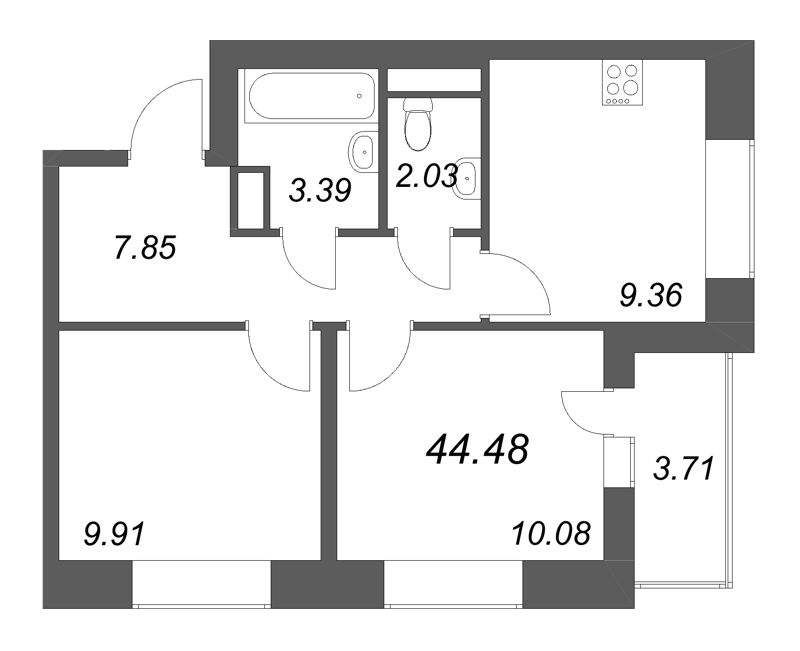 2-комнатная квартира, 44.48 м² в ЖК "Аквилон Солар" - планировка, фото №1