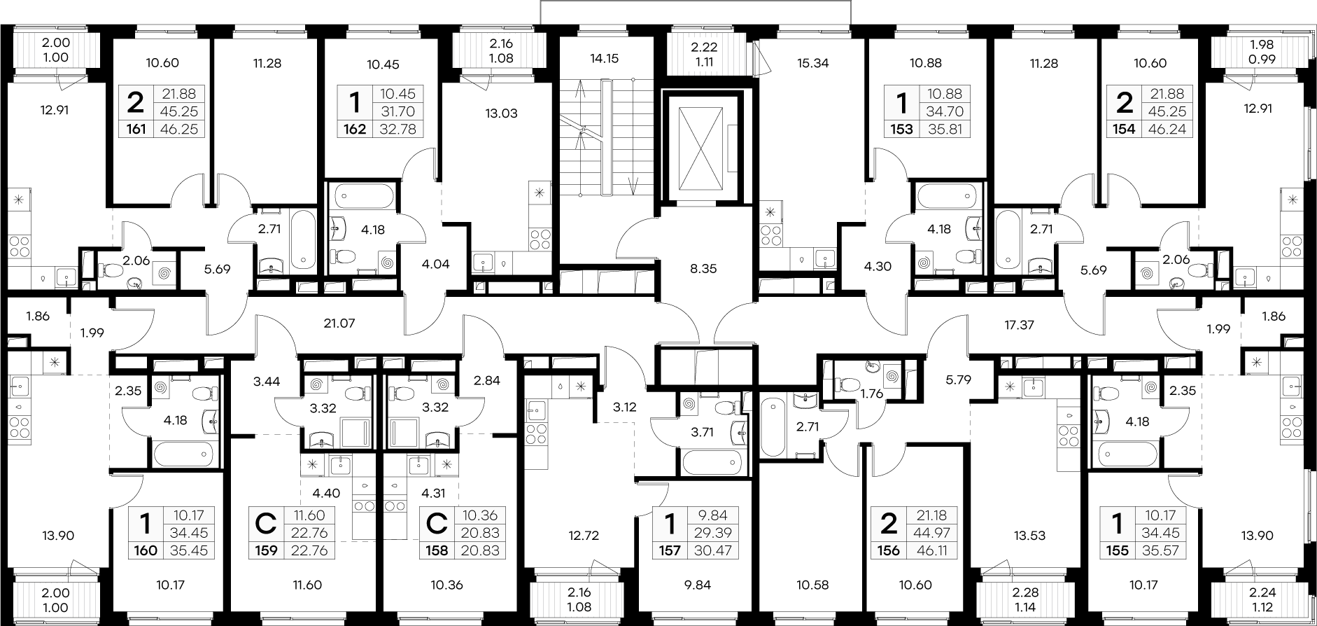 2-комнатная (Евро) квартира, 35.57 м² в ЖК "GloraX Новоселье" - планировка этажа