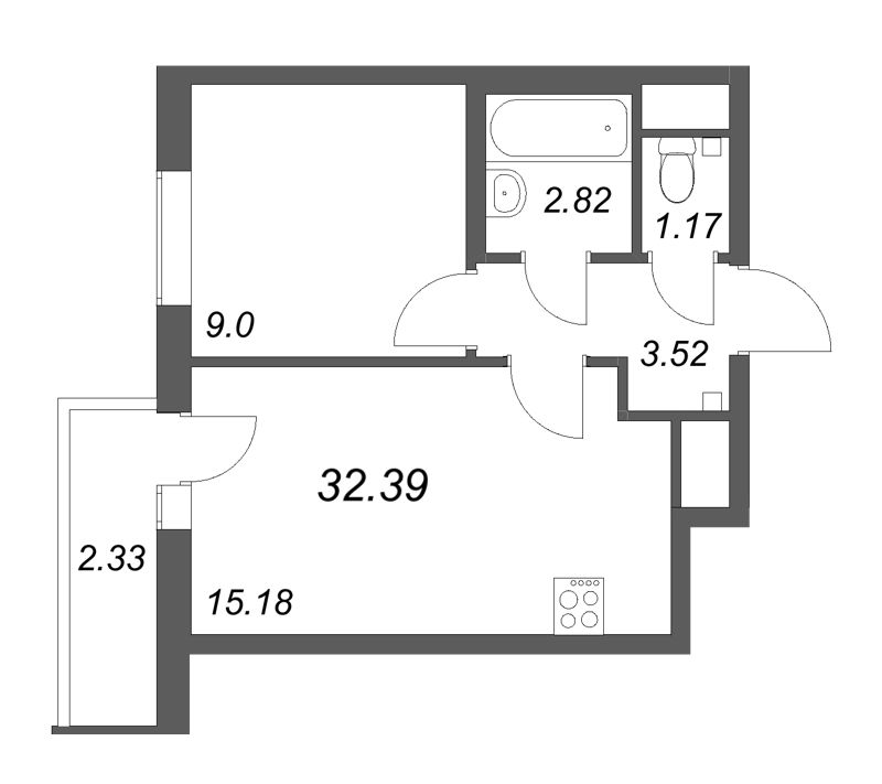 2-комнатная (Евро) квартира, 32.39 м² в ЖК "Южный форт" - планировка, фото №1