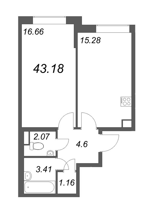 2-комнатная (Евро) квартира, 43.18 м² - планировка, фото №1