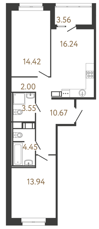 3-комнатная (Евро) квартира, 65.27 м² в ЖК "Ultra City 3.0" - планировка, фото №1