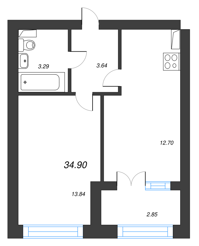 1-комнатная квартира, 34.9 м² в ЖК "Наука" - планировка, фото №1