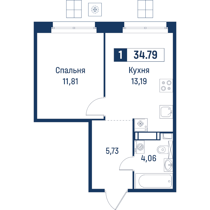 1-комнатная квартира, 34.79 м² в ЖК "Символист" - планировка, фото №1