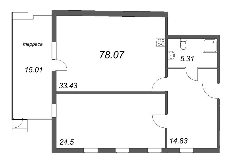 1-комнатная квартира, 79.05 м² - планировка, фото №1