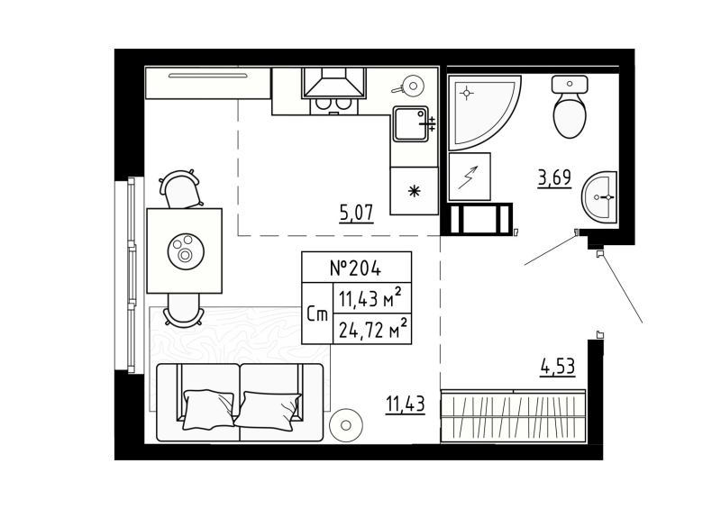 Квартира-студия, 24.72 м² - планировка, фото №1
