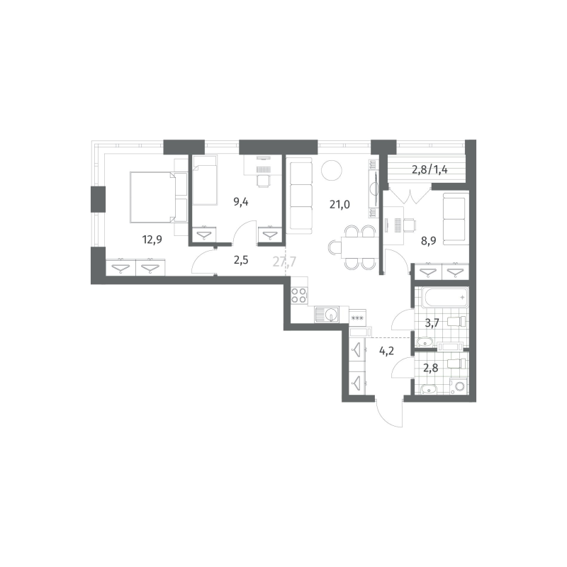 4-комнатная (Евро) квартира, 66.95 м² в ЖК "Новый Питер" - планировка, фото №1