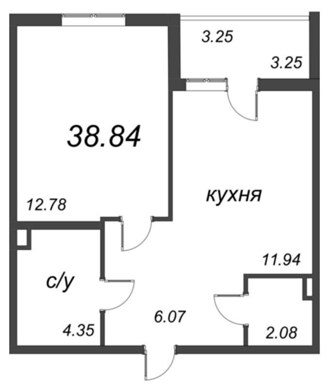 1-комнатная квартира, 38.84 м² - планировка, фото №1