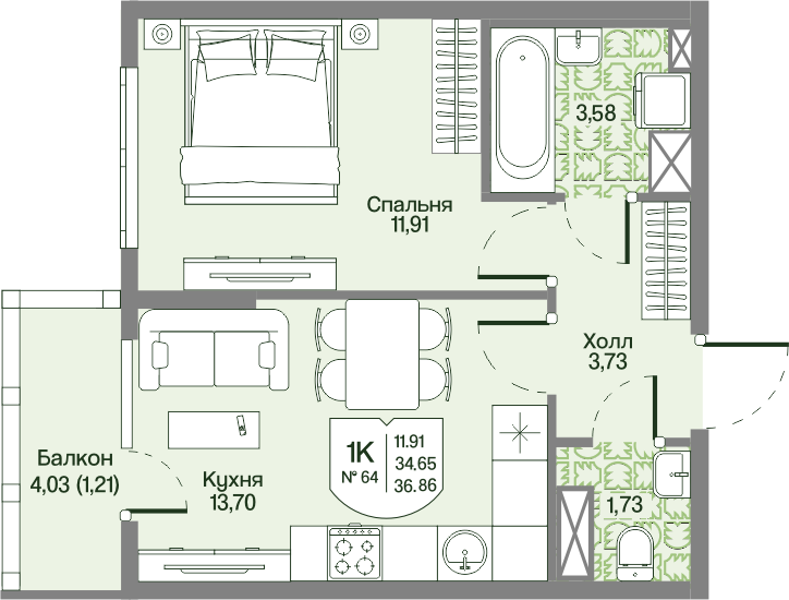 1-комнатная квартира, 35.86 м² в ЖК "Охтинские высоты" - планировка, фото №1