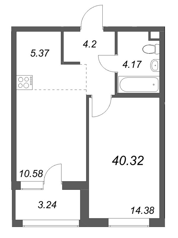 2-комнатная (Евро) квартира, 40.32 м² в ЖК "Тишин" - планировка, фото №1