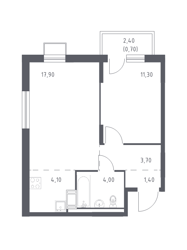 2-комнатная (Евро) квартира, 43.1 м² в ЖК "Курортный Квартал" - планировка, фото №1