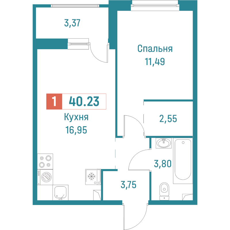 2-комнатная (Евро) квартира, 40.23 м² в ЖК "Графика" - планировка, фото №1