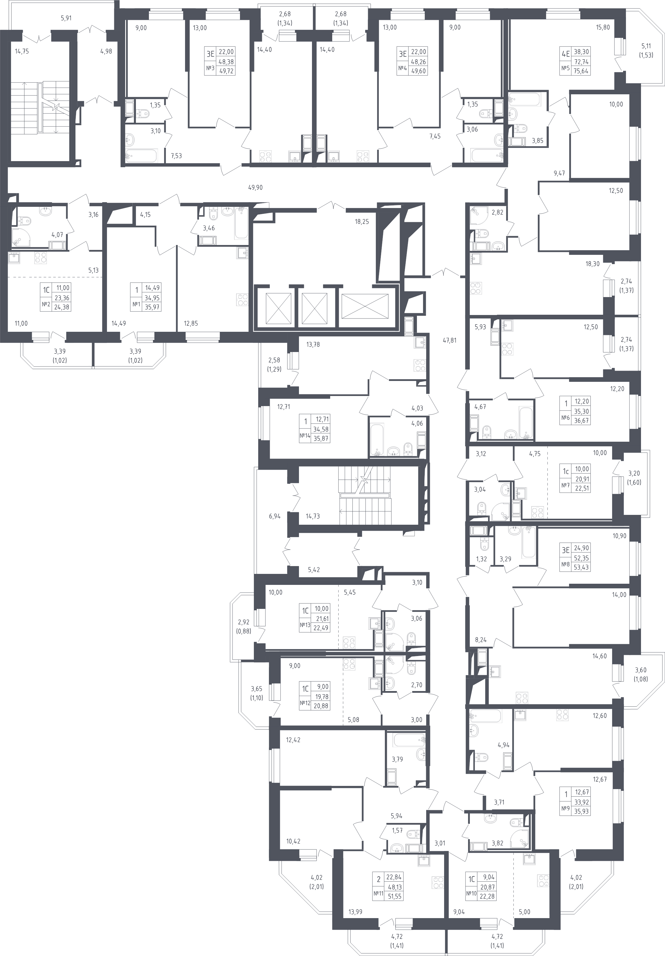 4-комнатная (Евро) квартира, 75.64 м² - планировка этажа