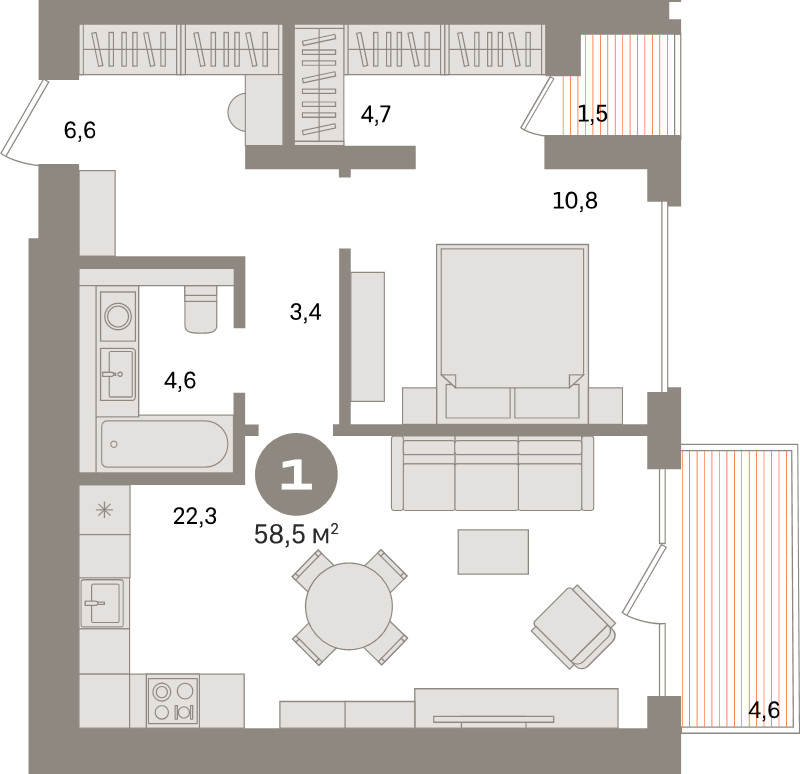 2-комнатная (Евро) квартира, 58.1 м² в ЖК "Северный ветер" - планировка, фото №1