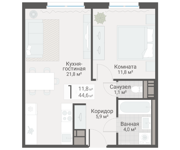 2-комнатная (Евро) квартира, 44.6 м² в ЖК "Руднева 15" - планировка, фото №1