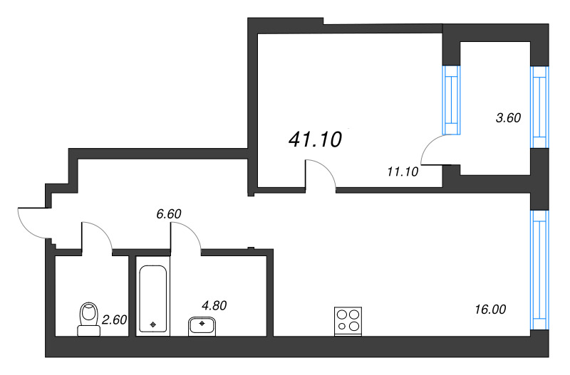 2-комнатная (Евро) квартира, 41.1 м² в ЖК "Струны" - планировка, фото №1