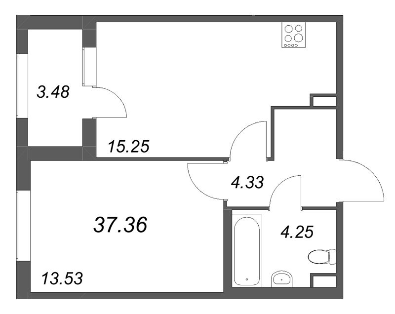 2-комнатная (Евро) квартира, 37.36 м² в ЖК "Дубровский" - планировка, фото №1